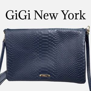 GIGI NEW YORK Navy Embossed Python Leather, Fold over clutch/ crossbody-new